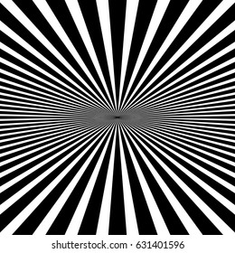 Circular pattern of radial, radiating lines. Monochrome starburst, sunburst element.