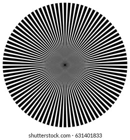 Circular pattern of radial, radiating lines. Monochrome starburst, sunburst element.