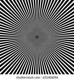 Circular pattern of radial, radiating lines. Monochrome starburst, sunburst element.
