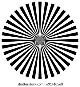 Circular pattern of radial, radiating lines. Monochrome starburst, sunburst element.