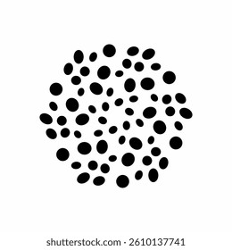 Circular pattern of random black dots. Abstract dotted texture ideal for halftone background, scientific or biological visual themes.