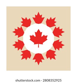 Circular pattern of red maple leaves arranged around a white circle on a light beige square background