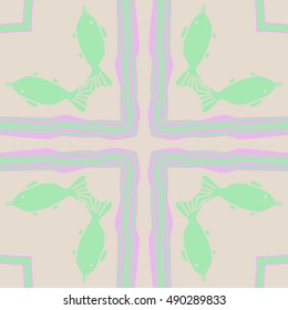Circular  pattern of sea motif, cross. Hand drawn.