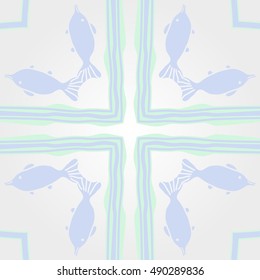 Circular  pattern of sea motif, cross. Hand drawn.