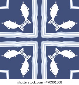 Circular  pattern of sea motif, cross. Hand drawn.