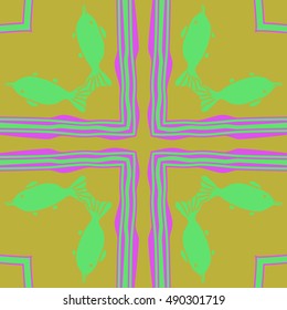 Circular  pattern of sea motif, cross. Hand drawn.