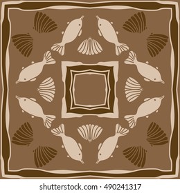 Circular  pattern of sea motif, frame. Hand drawn.