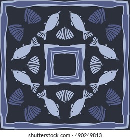 Circular  pattern of sea motif, frame. Hand drawn.