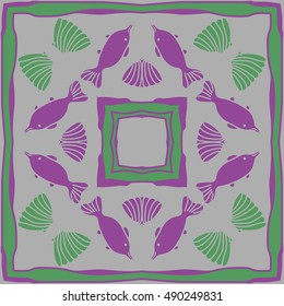 Circular  pattern of sea motif, frame. Hand drawn.