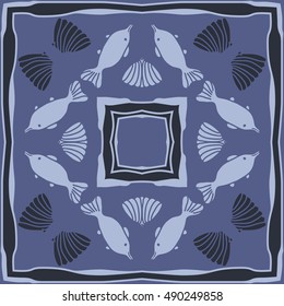 Circular  pattern of sea motif, frame. Hand drawn.