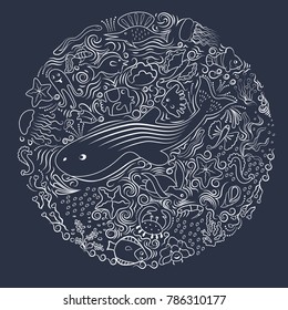 Circular pattern. Shell, fish, deep-sea animals of the sea and ocean. Beautiful marine aquarium. Isolated on a dark background. Made by artistic white lines. Vector illustration.