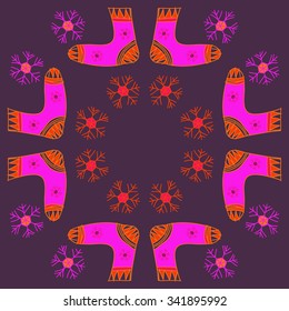 Circular   pattern  of socks  motif, doodles, objects,snowflakes, knitwear. Hand drawn.