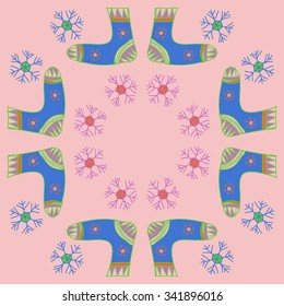 Circular   pattern  of socks  motif, doodles, objects,snowflakes, knitwear. Hand drawn.