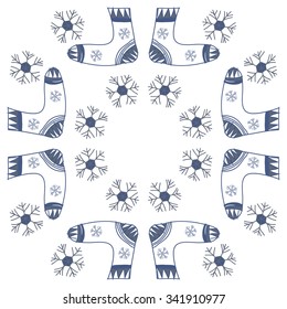 Circular   pattern  of socks  motif, doodles, objects,snowflakes, knitwear. Hand drawn.