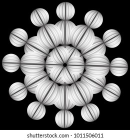 A circular pattern of spheres is featured in an abstract background illustration.