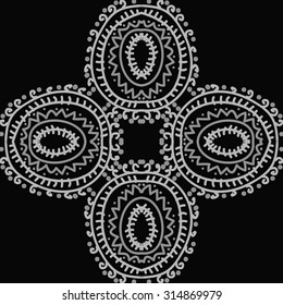 Circular   pattern of  striped motif,  doodles,  zigzag, ellipses, spirals, cross, copy space . Hand drawn.