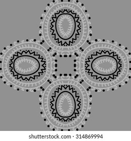 Circular   pattern of  striped motif,  doodles,  zigzag, ellipses, spirals, cross, copy space . Hand drawn.