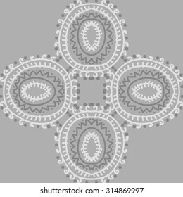 Circular   pattern of  striped motif,  doodles,  zigzag, ellipses, spirals, cross, copy space . Hand drawn.
