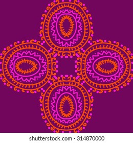 Circular   pattern of  striped motif,  doodles,  zigzag, ellipses, spirals, cross, copy space . Hand drawn.