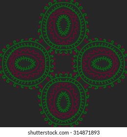 Circular   pattern of  striped motif,  doodles,  zigzag, ellipses, spirals, cross, copy space . Hand drawn.