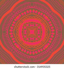 Circular   pattern of  striped motif,  doodles,  zigzag, ellipses, spirals, stars, hole . Hand drawn.