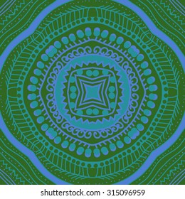 Circular   pattern of  striped motif,  doodles,  zigzag, ellipses, spirals, stars, hole. Hand drawn.