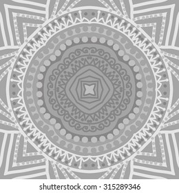 Circular   pattern of  striped motif,  doodles,   ellipses, zigzag, spirals, stars. Hand drawn.
