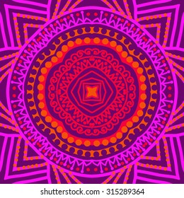 Circular   pattern of  striped motif,  doodles,   ellipses, zigzag, spirals, stars. Hand drawn.