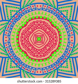 Circular   pattern of  striped motif,  doodles,   ellipses, zigzag, spirals, stars. Hand drawn.