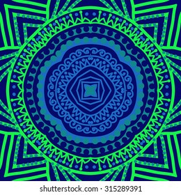 Circular   pattern of  striped motif,  doodles,   ellipses, zigzag, spirals, stars. Hand drawn.