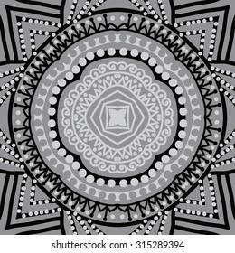 Circular   pattern of  striped motif,  doodles,   ellipses, zigzag, spirals, stars. Hand drawn.