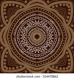 Circular   pattern of  striped motif, ellipses, spirals, doodles, zigzag, stars . Hand drawn.