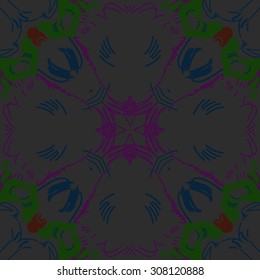 Circular   pattern of  striped motif, stripes,   doodles, spots. Hand drawn.