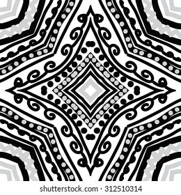 Circular   pattern of striped motif, stripes,ellipses,spirals, zigzag, stars, doodles. Hand drawn.