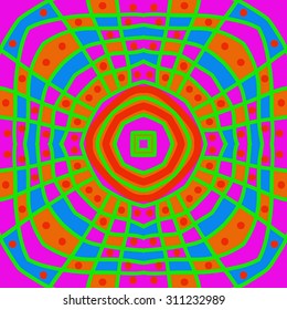 Circular  pattern of  stripes,quadrangles, ellipses, stars,doodles. Hand drawn.