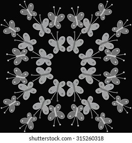 Circular   pattern of  stylized butterflies,  doodles,   ellipses, branches, copy space . Hand drawn.