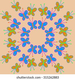 Circular   pattern of  stylized butterflies,  doodles,   ellipses, branches, copy space . Hand drawn.
