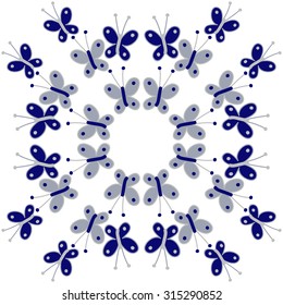Circular   pattern of  stylized butterflies,  doodles,   ellipses, branches, copy space . Hand drawn.