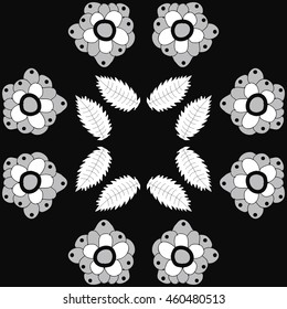 Circular  pattern of  stylized floral motif, doodles,  flowers, spot,hole, leaves, ellipses . Hand drawn.