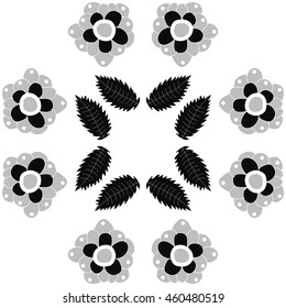 Circular  pattern of  stylized floral motif, doodles,  flowers, spot,hole, leaves, ellipses . Hand drawn.