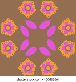 Circular  pattern of  stylized floral motif, doodles,  flowers, spot,hole, leaves, ellipses . Hand drawn.