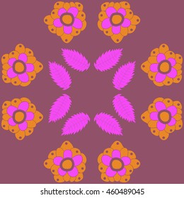 Circular  pattern of  stylized floral motif, doodles,  flowers, spot,hole, leaves, ellipses . Hand drawn.