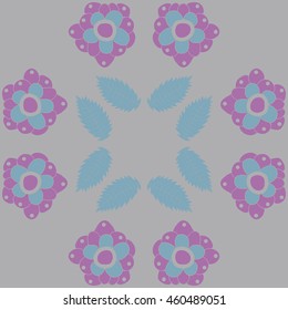 Circular  pattern of  stylized floral motif, doodles,  flowers, spot,hole, leaves, ellipses . Hand drawn.