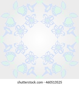 Circular  pattern of  stylized floral motif, doodles, branches, flowers, spot,hole, leaves, ellipses,spirals, stars, copy space . Hand drawn.