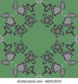 Circular  pattern of  stylized floral motif, doodles, branches, flowers, spot,hole, leaves, ellipses,spirals, stars, copy space . Hand drawn.