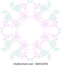 Circular  pattern of  stylized floral motif, doodles, branches, flowers, spot,hole, leaves, ellipses,spirals, stars, copy space . Hand drawn.
