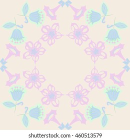 Circular  pattern of  stylized floral motif, doodles, branches, flowers, spot,hole, leaves, ellipses,spirals, stars, copy space . Hand drawn.