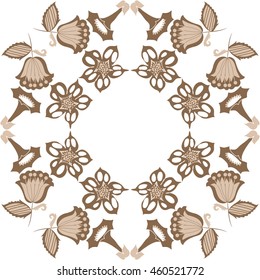 Circular  pattern of  stylized floral motif, doodles, branches, flowers, spot,hole, leaves, ellipses,spirals, stars, copy space . Hand drawn.