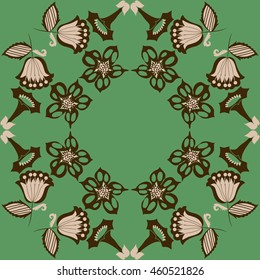 Circular  pattern of  stylized floral motif, doodles, branches, flowers, spot,hole, leaves, ellipses,spirals, stars, copy space . Hand drawn.