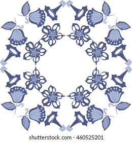 Circular  pattern of  stylized floral motif, doodles, branches, flowers, spot,hole, leaves, ellipses,spirals, stars, copy space . Hand drawn.